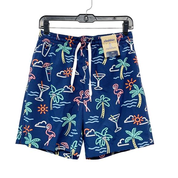 Chubbies The Neon Lights Classic 7" Swim Trunk Palm Tree Flamingo Blue Small - Picture 2 of 6